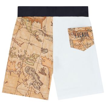 Boys Navy Blue, White & Beige Geo Map Shorts