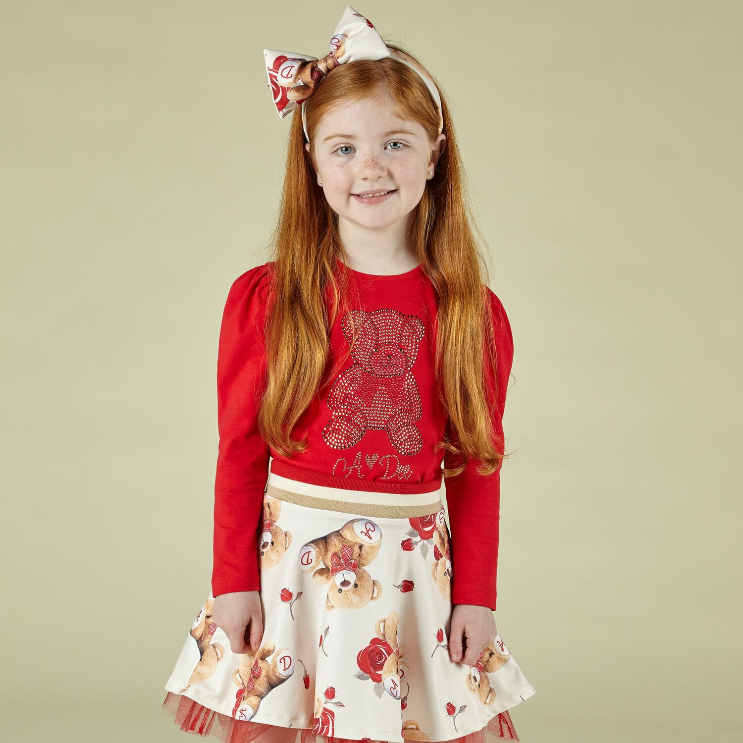 Girls Red & Ivory Teddy Skirt Set, 1, hi-res