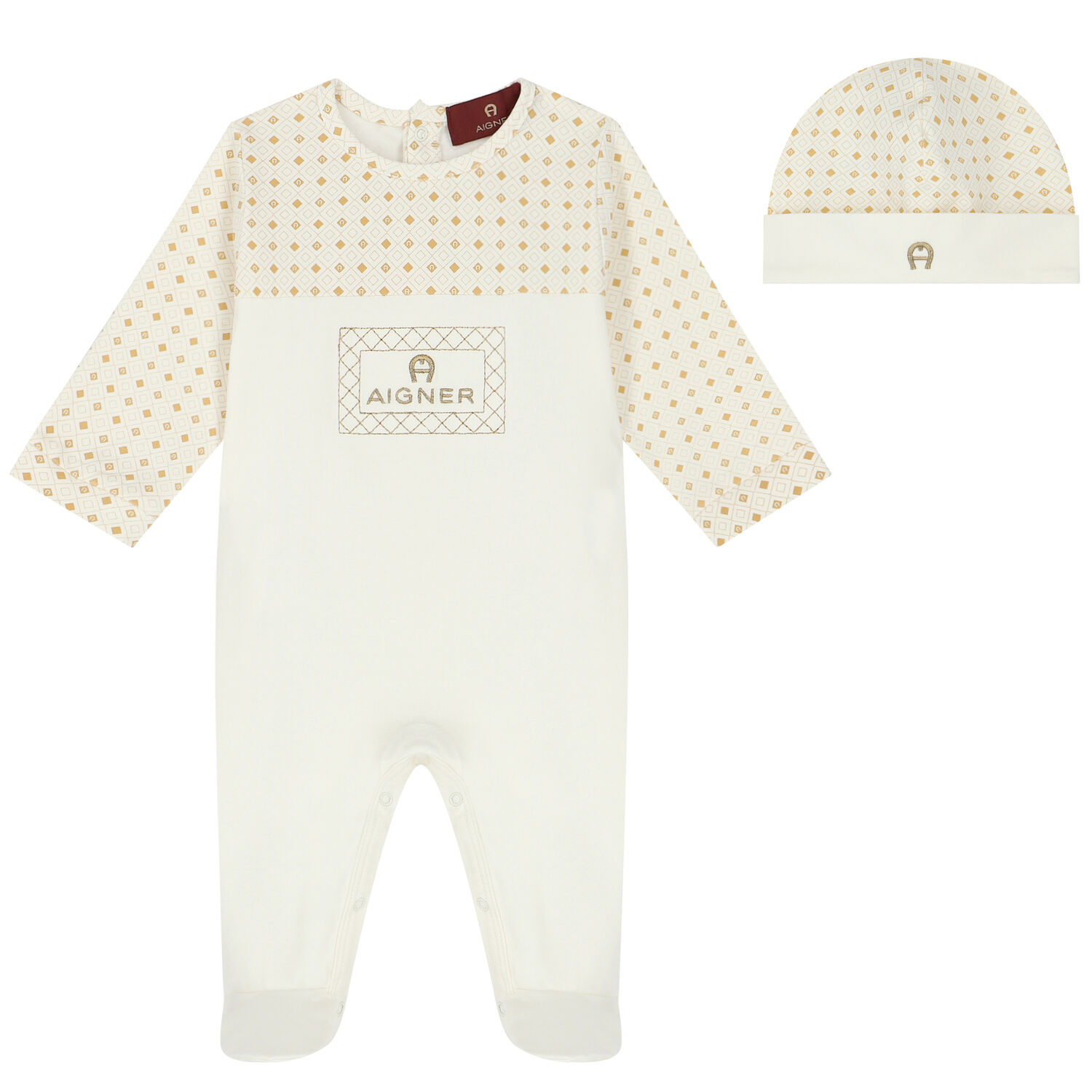 Ivory & Gold Logo Babygrow & Hat Set, 3, hi-res image number null