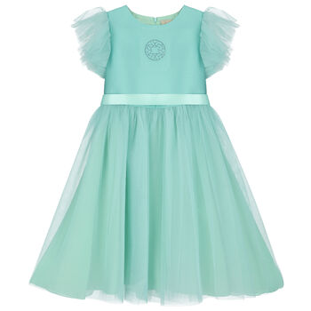 Girls Aqua Blue Satin Tulle Dress