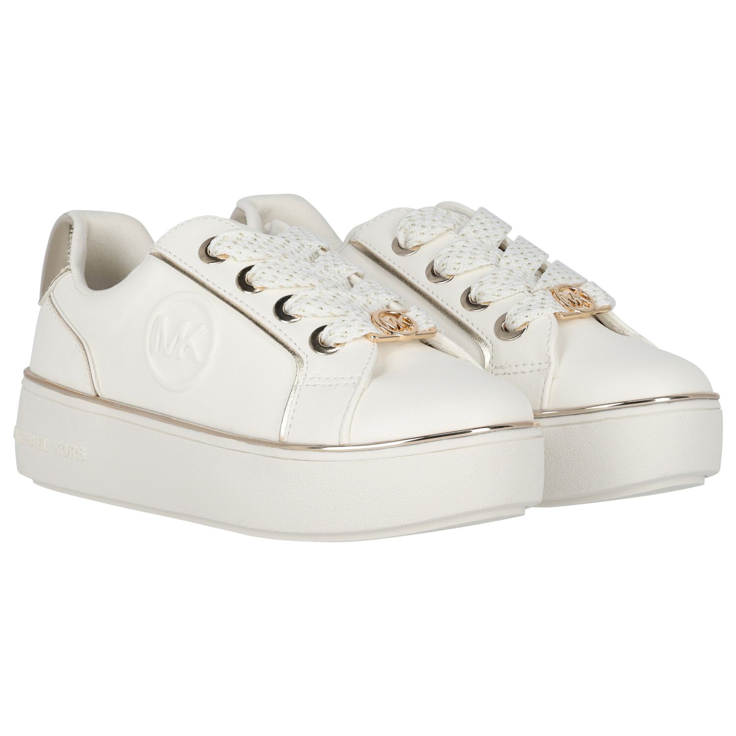 Girls Ivory & Gold Logo Trainers, 1, hi-res