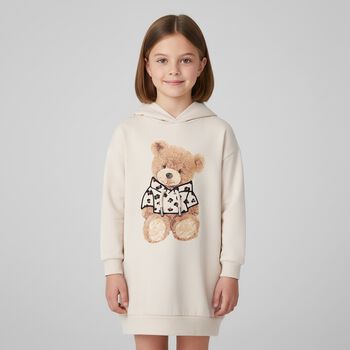 Girls Beige Fleece Hooded Dress