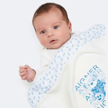Baby Boys White & Blue Teddy Bear Logo Blanket 