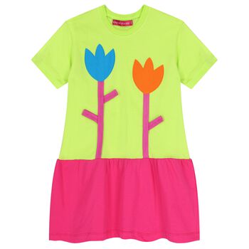 فستان بنات مزين بالزهور باللون الأخضر والوردي