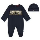 Baby Boys Navy Blue & Gold Logo Babygrow Set, 1, hi-res