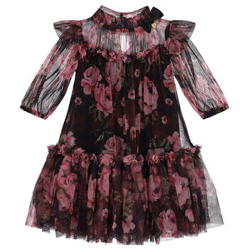 Girls Black Floral Tulle Dress