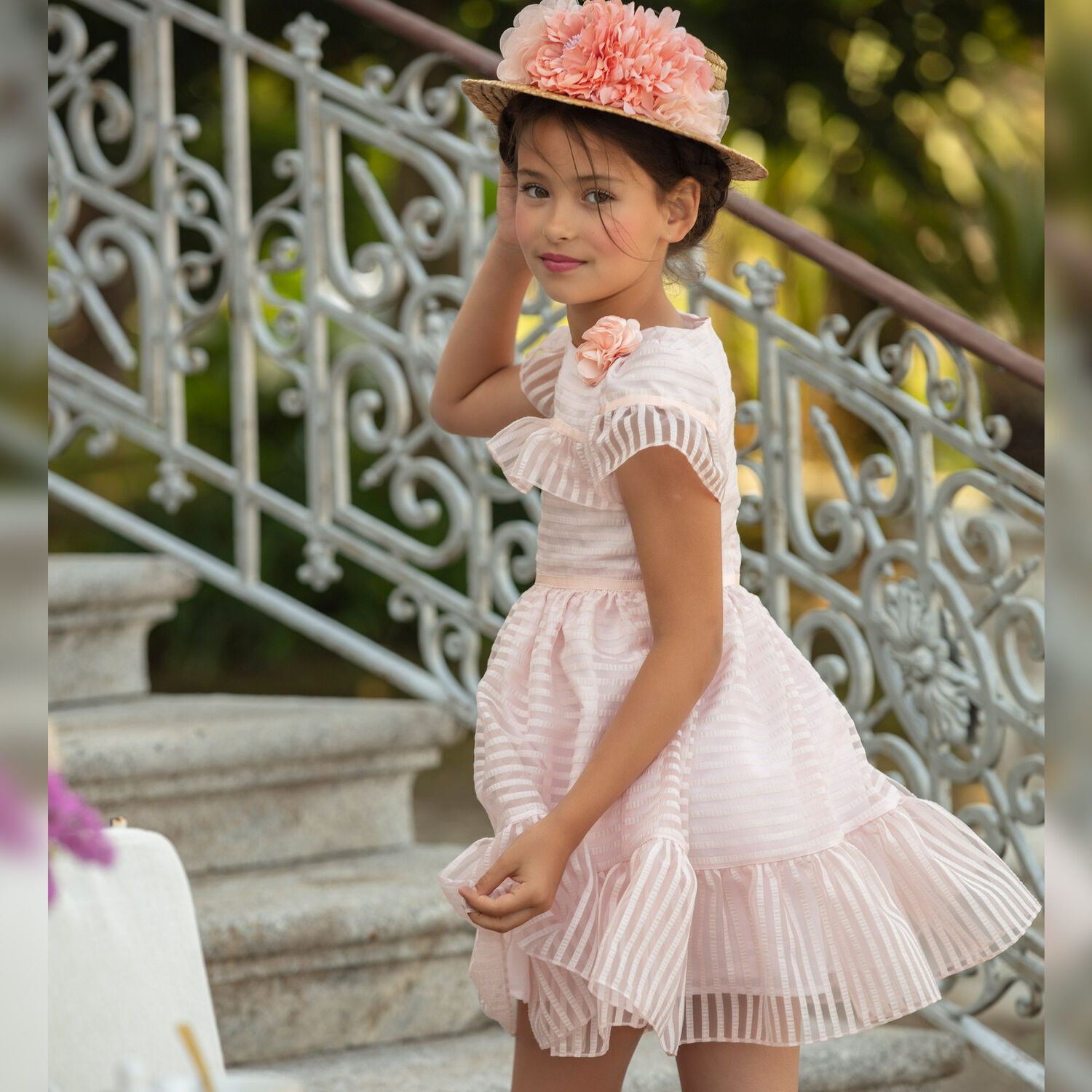 Girls Pink & Ivory Organza Stripe Dress, 1, hi-res image number null