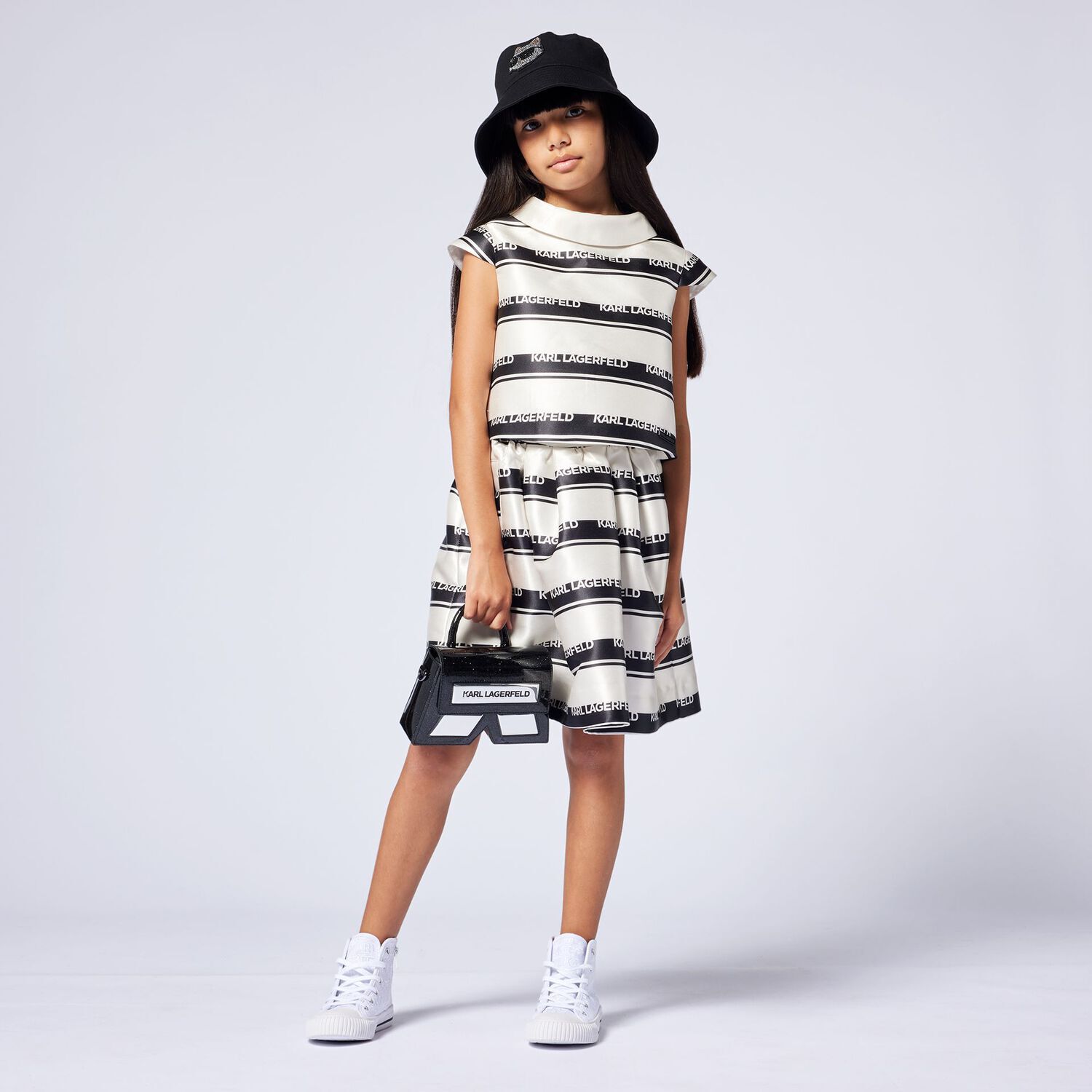 Girls Ivory & Black Striped Skirt, 1, hi-res