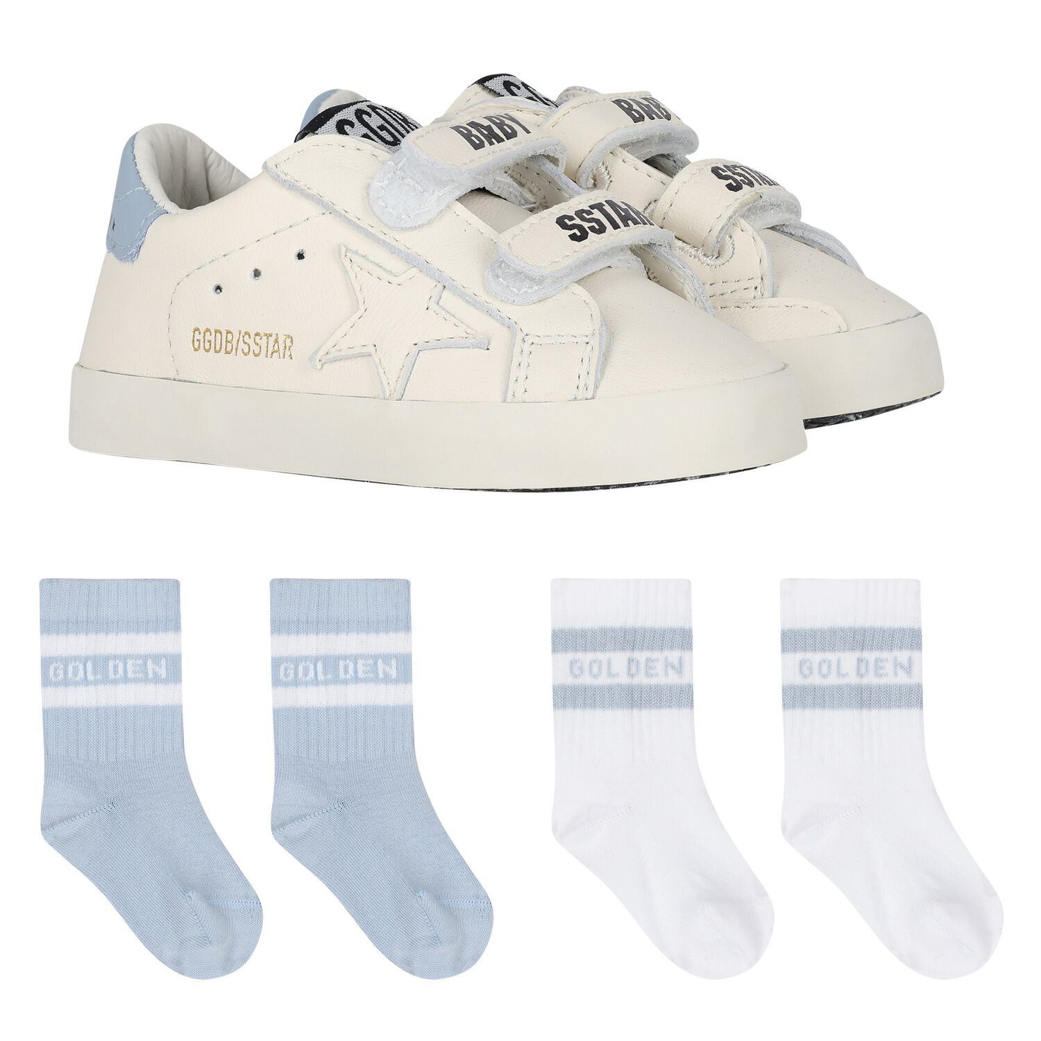 طقم أحذية ما قبل المشي من الجلد باللون العاجي والأزرق, 1, hi-res