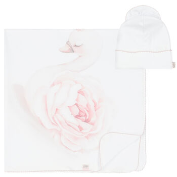 Baby Girls White & Pink Blanket & Hat Gift Set