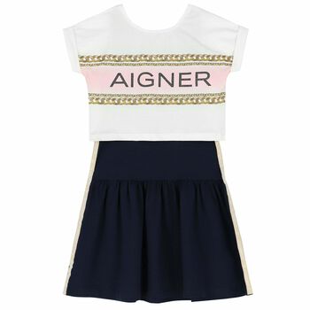 Girls Navy Blue & White Logo Dress Set