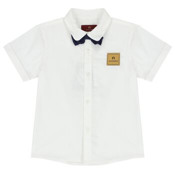 Younger Boys White & Navy Blue Logo Shirt