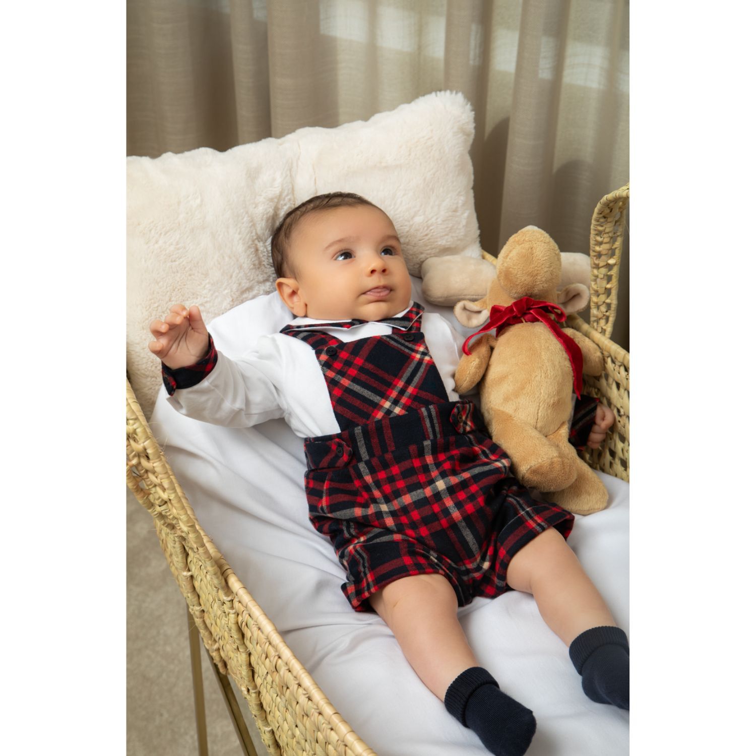 Baby Boys White & Red Tartan Romper, 1, hi-res
