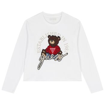 Boys White Teddy Bear Logo Long Sleeve Top