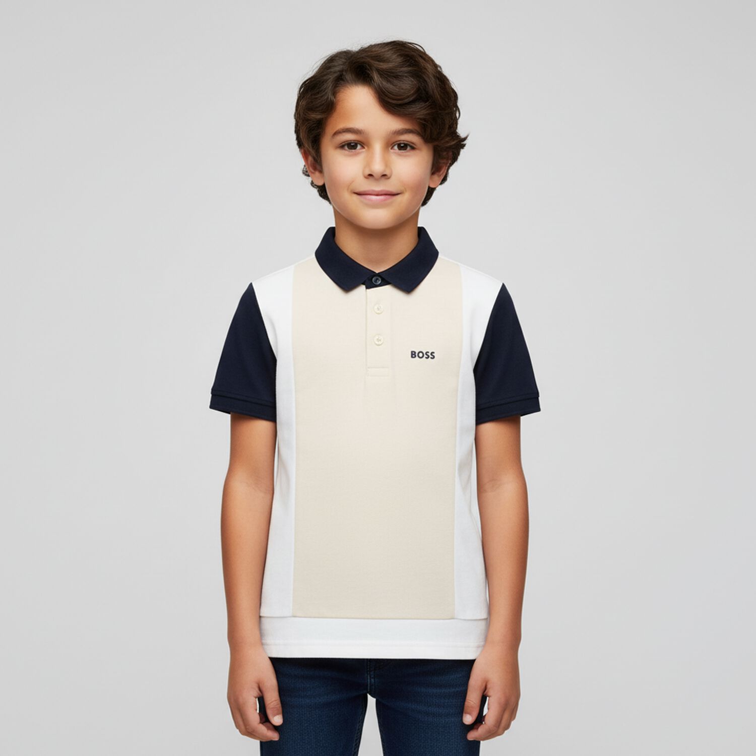 Boys Ivory, White & Navy Blue Polo Shirt, 1, hi-res image number null