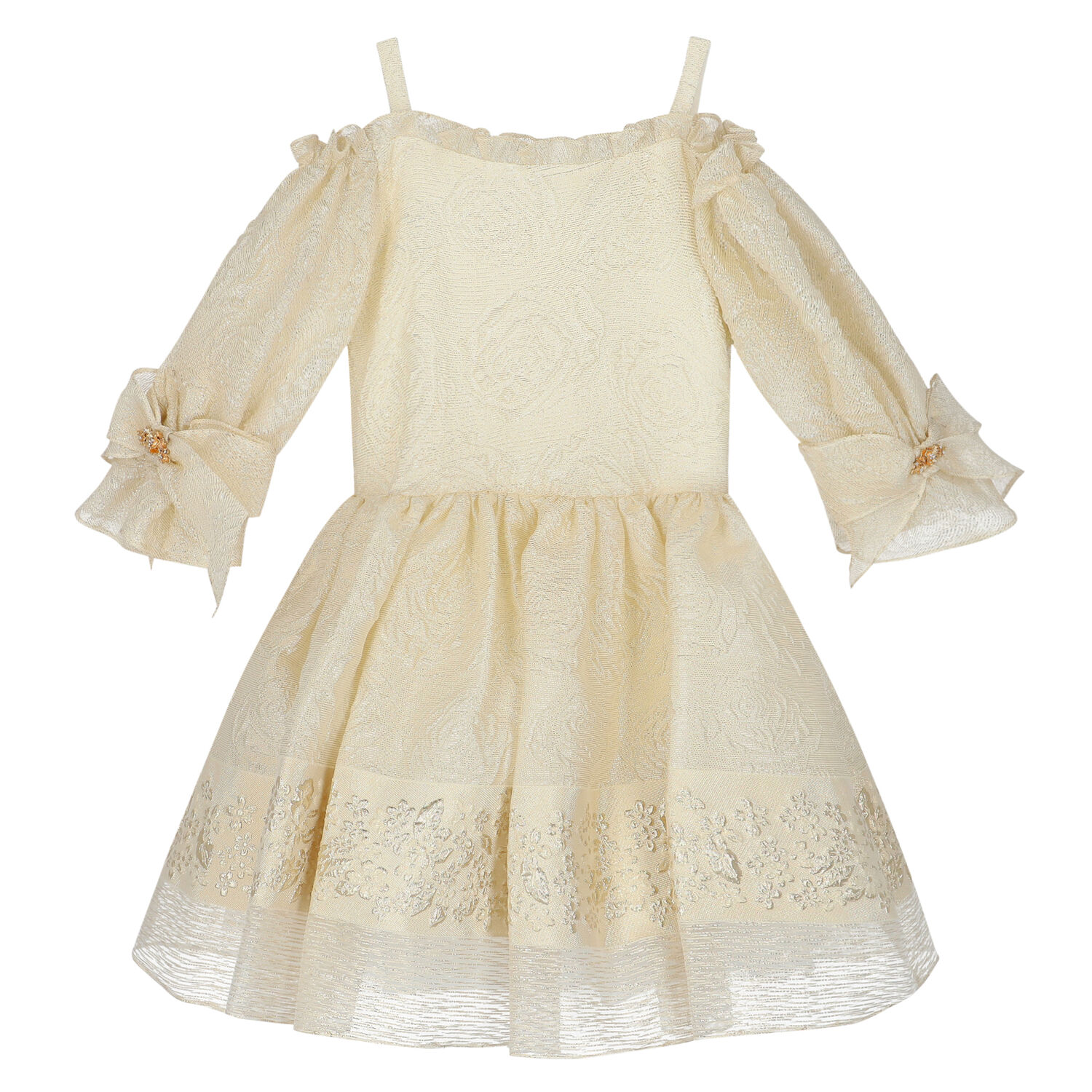 Girls Ivory & Gold Brocade Dress, 1, hi-res image number null