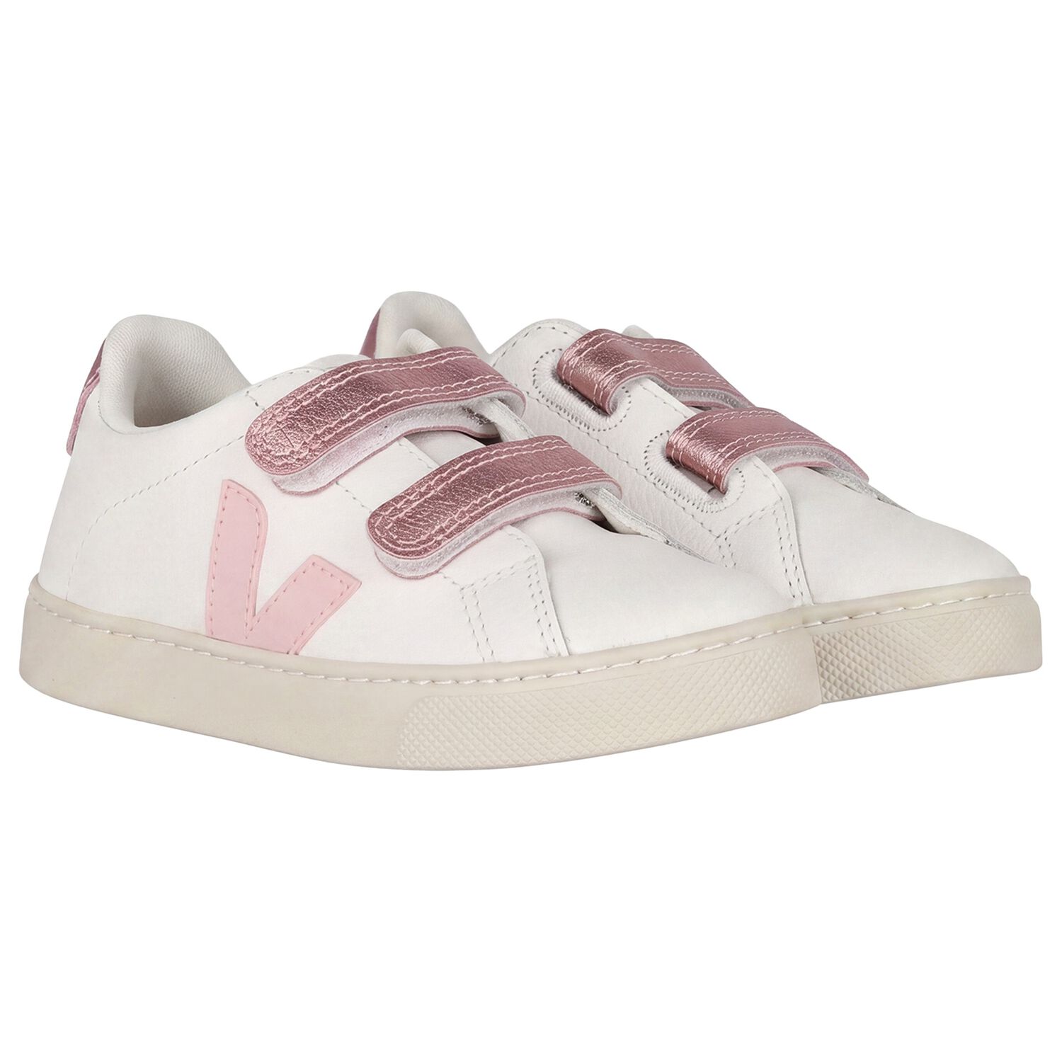 Girls White & Pink Logo Leather Trainers , 1, hi-res