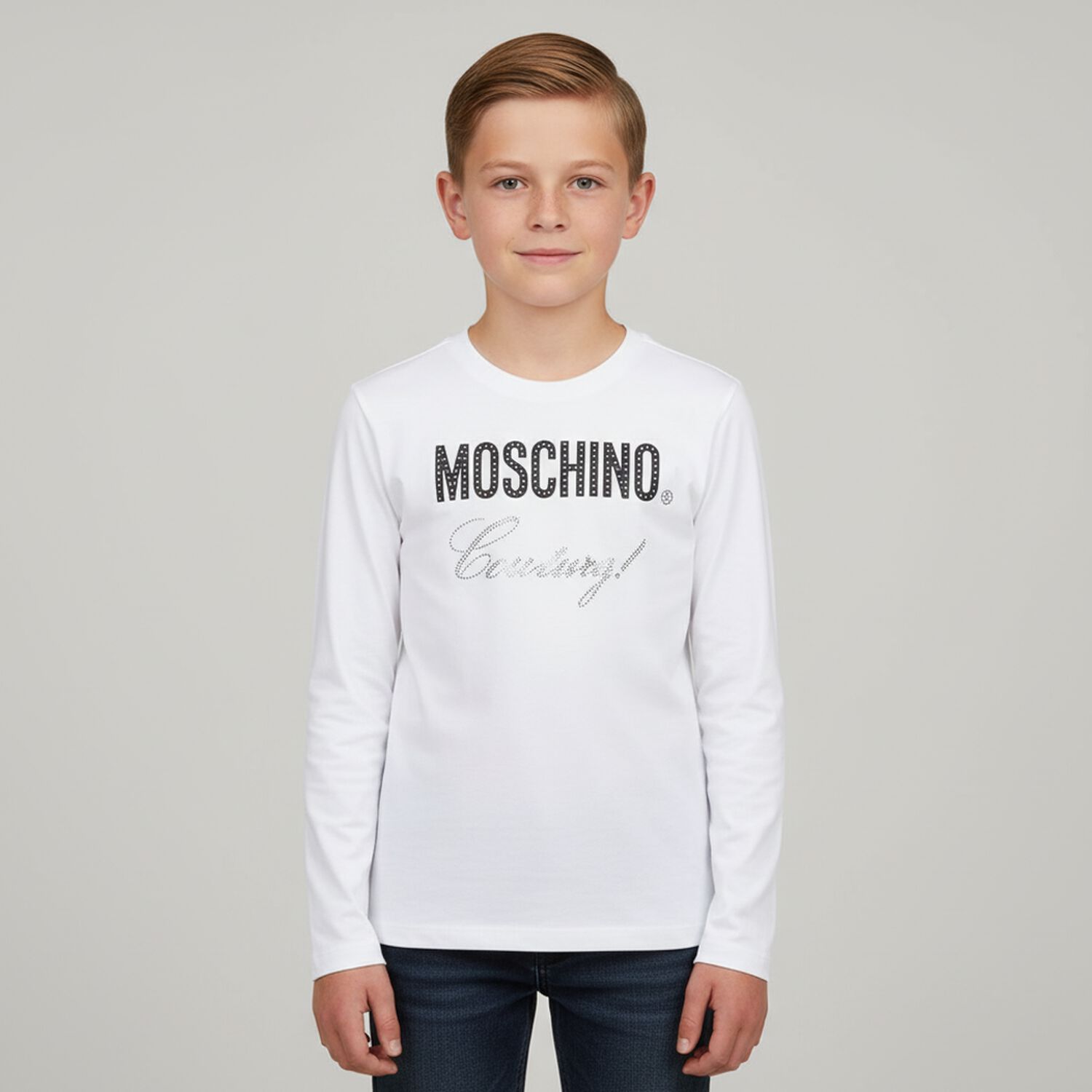 توب باكمام بالشعار مطرز باللون الابيض, 1, hi-res