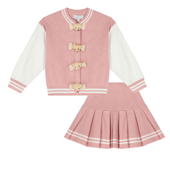 Girls Pink & Ivory Knitted Skirt Set