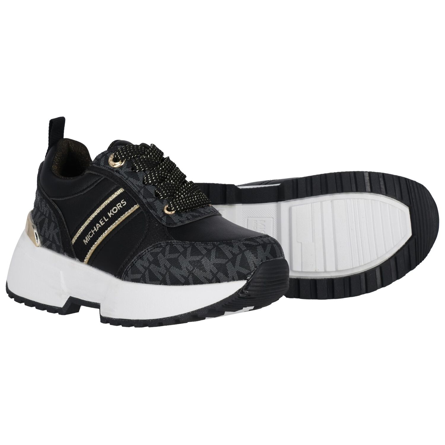Girls Black & Gold Logo Trainers, 1, hi-res
