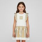 Girls Ivory & Gold Logo Dress, 1, hi-res
