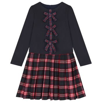 Girls Navy Blue & Red Bow Tartan Dress