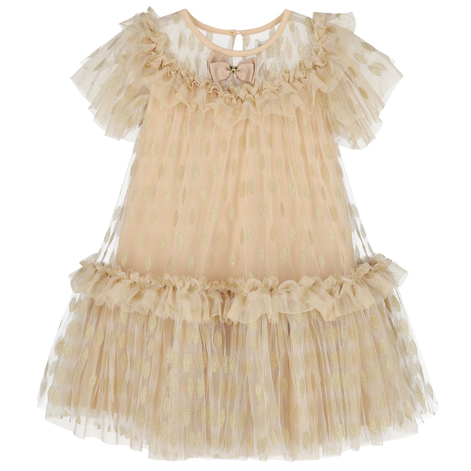 Girls Gold Bow Tulle Dress, 1, hi-res