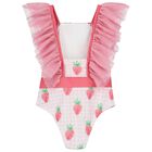 Girls White & Pink Gingham Strawberries Swimsuit, 3, hi-res