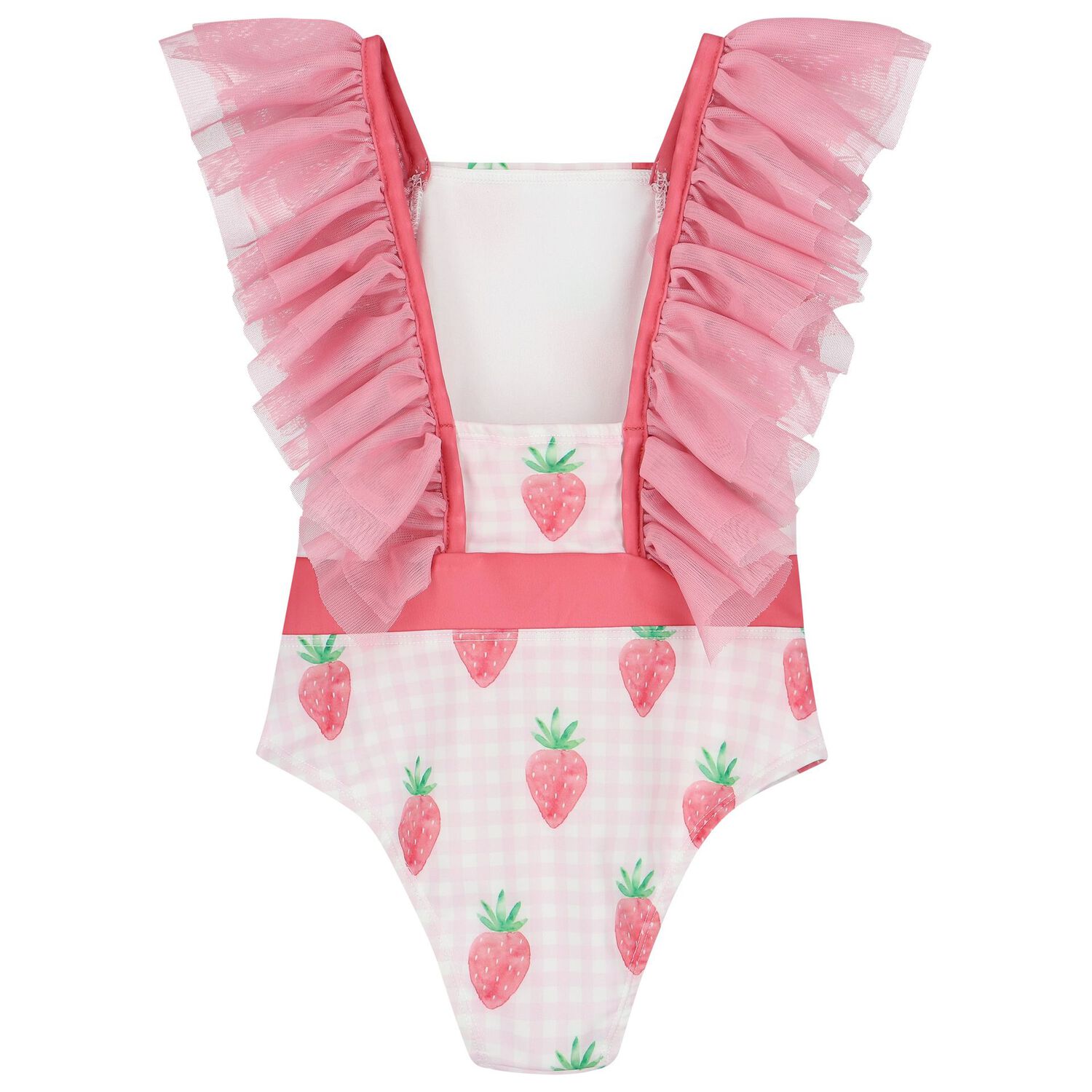 Girls White & Pink Gingham Strawberries Swimsuit, 3, hi-res image number null