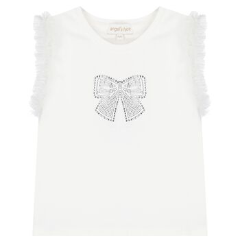 Girls White Diamante Bow Top