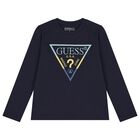 Boys Navy Blue Logo Long Sleeve Top, 2, hi-res