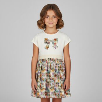 Girls Ivory & Green Ribbon Dress