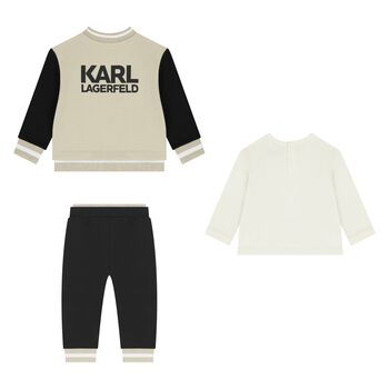 Younger Boys Beige & White Logo Tracksuit Set ( 3 Piece )