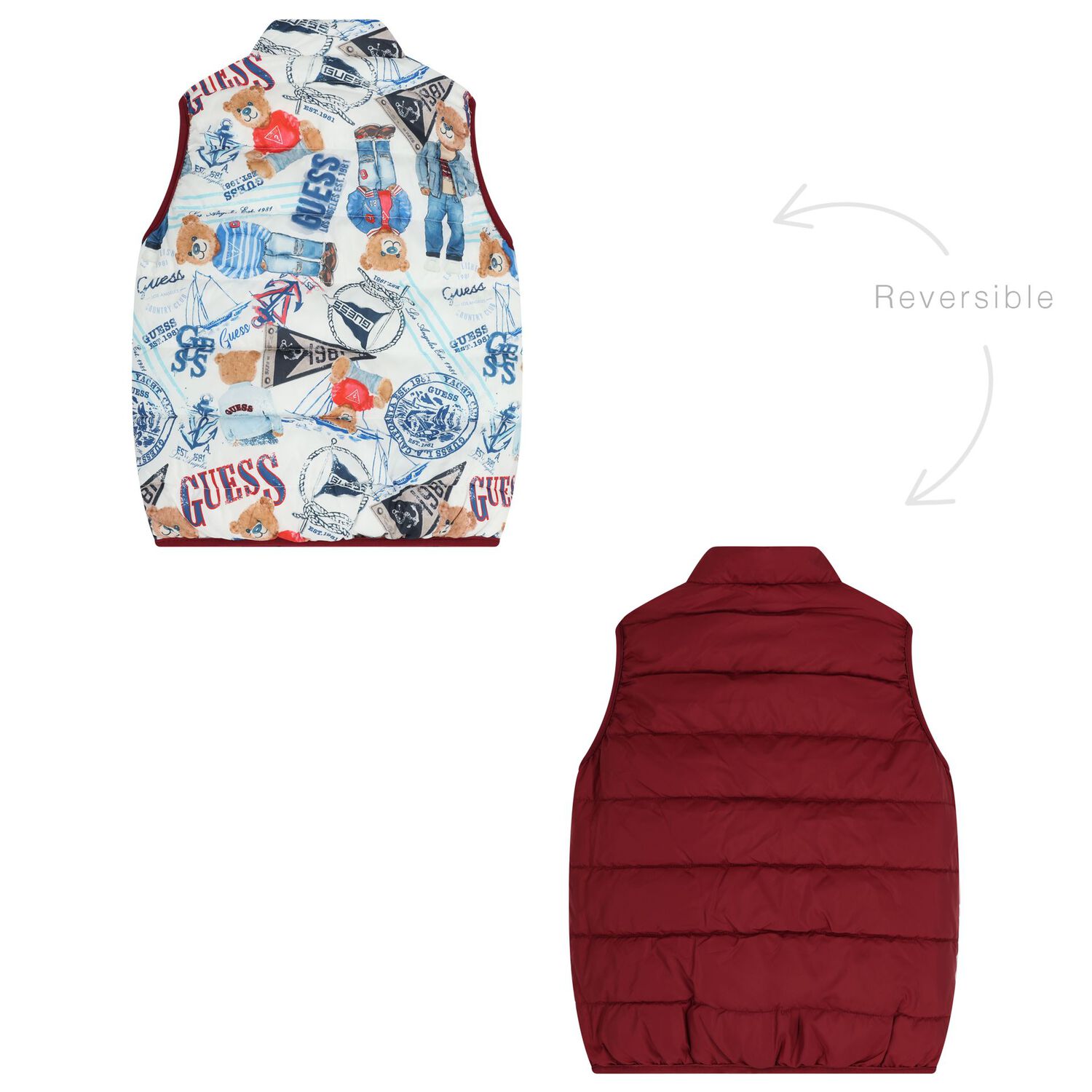 Boys White, Blue & Burgundy Reversible Gilet, 1, hi-res