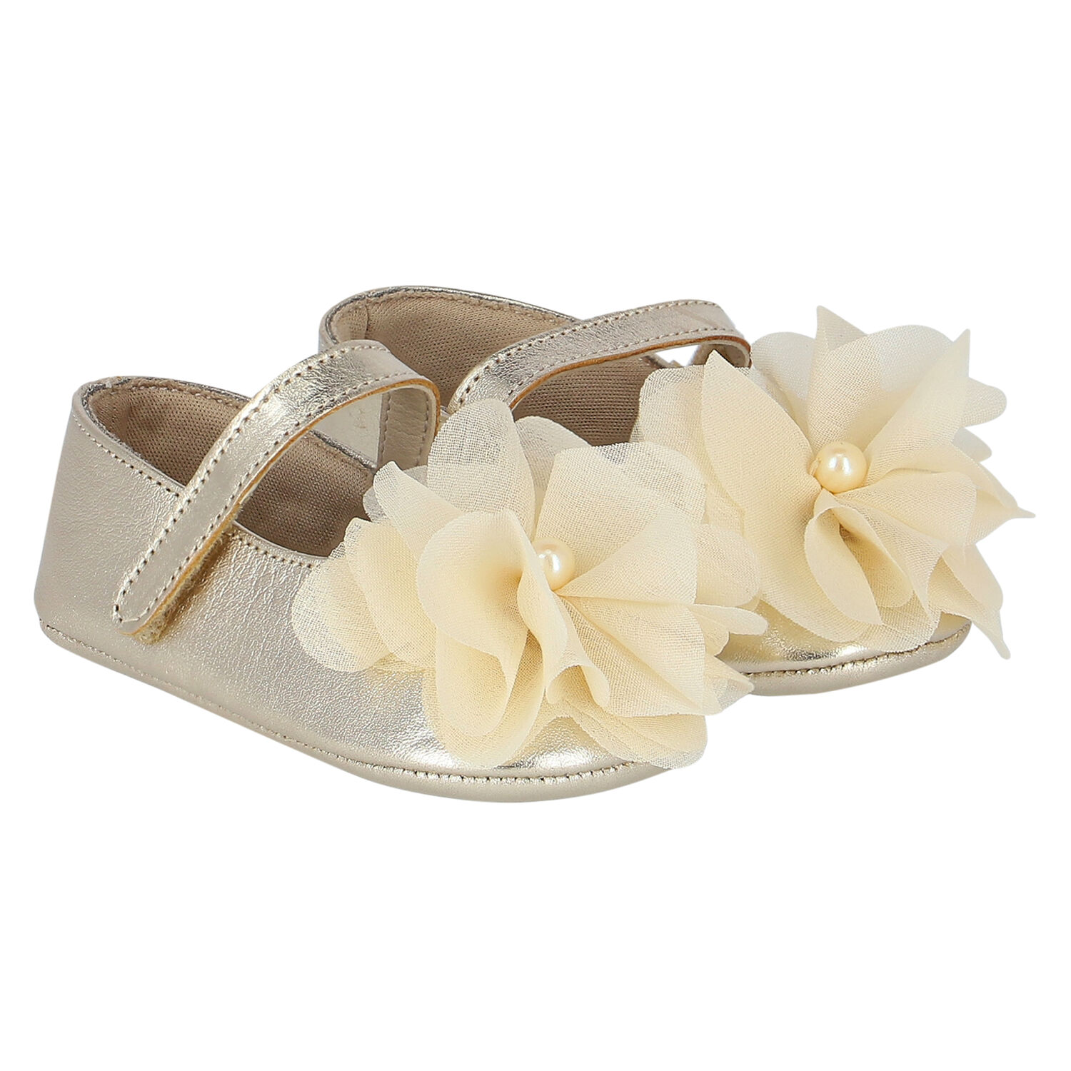 Baby Girls Gold Flower Shoes, 1, hi-res