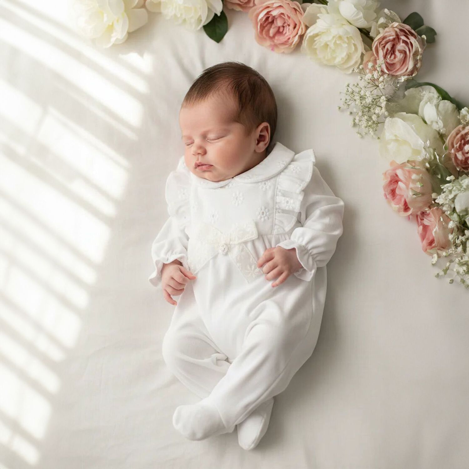 Baby Girls White Ruffled Babygrow, 1, hi-res