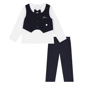 Baby Boys White & Navy Blue Trousers Set