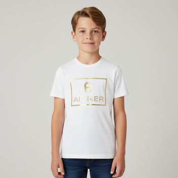 Boys White & Gold Logo T-Shirt
