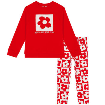 Girls Red & White Floral Leggings Set