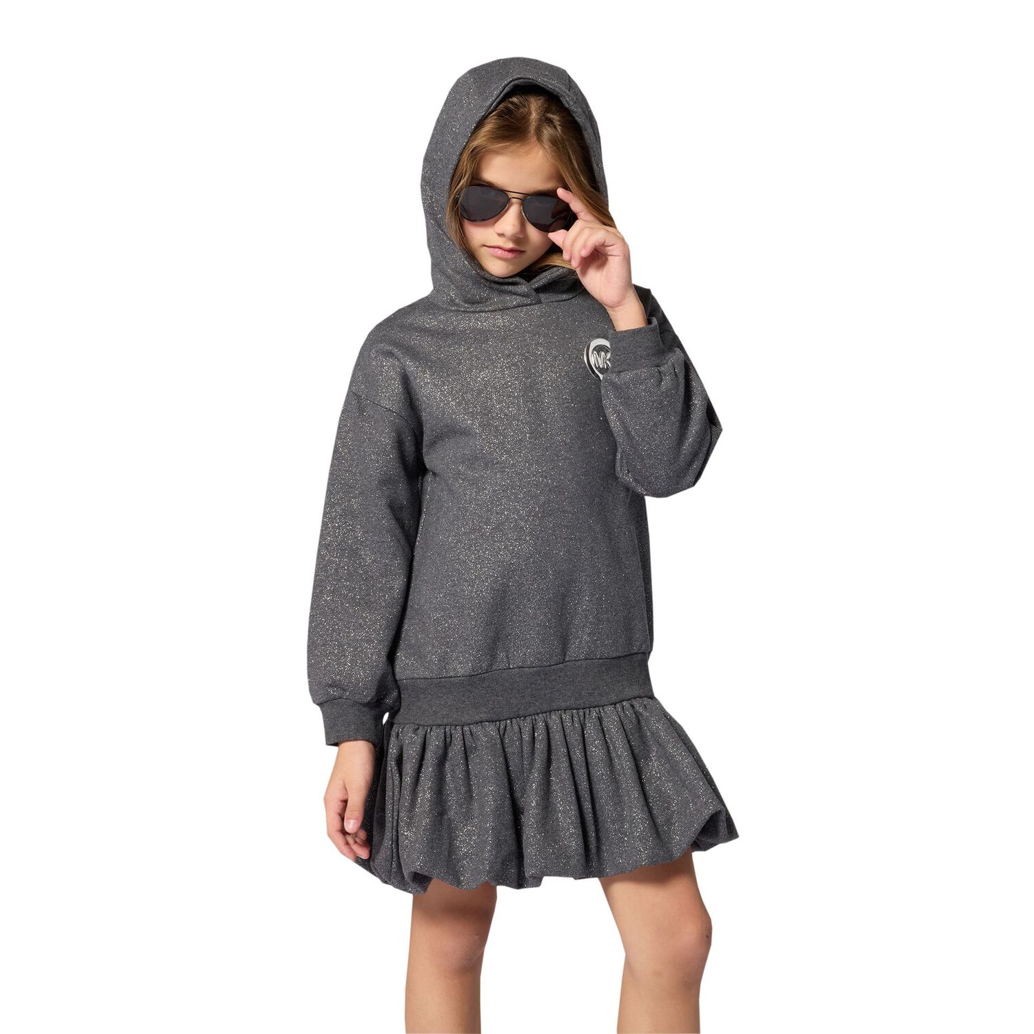 Girls Grey Logo Hooded Dress, 1, hi-res