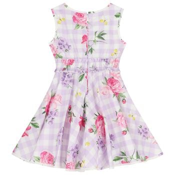 Girls Lilac & White Floral Gingham Dress