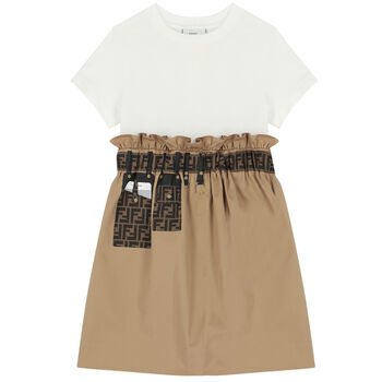 Girls Ivory & Beige Logo Dress