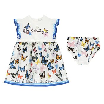 Younger Girls White & Blue Poplin Butterfly Print Dress
