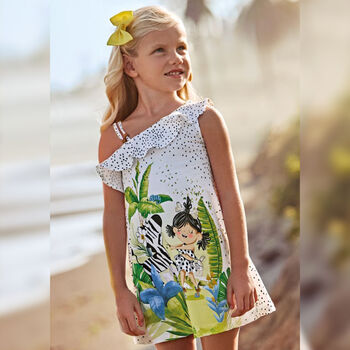 Girls White Graphic Dress