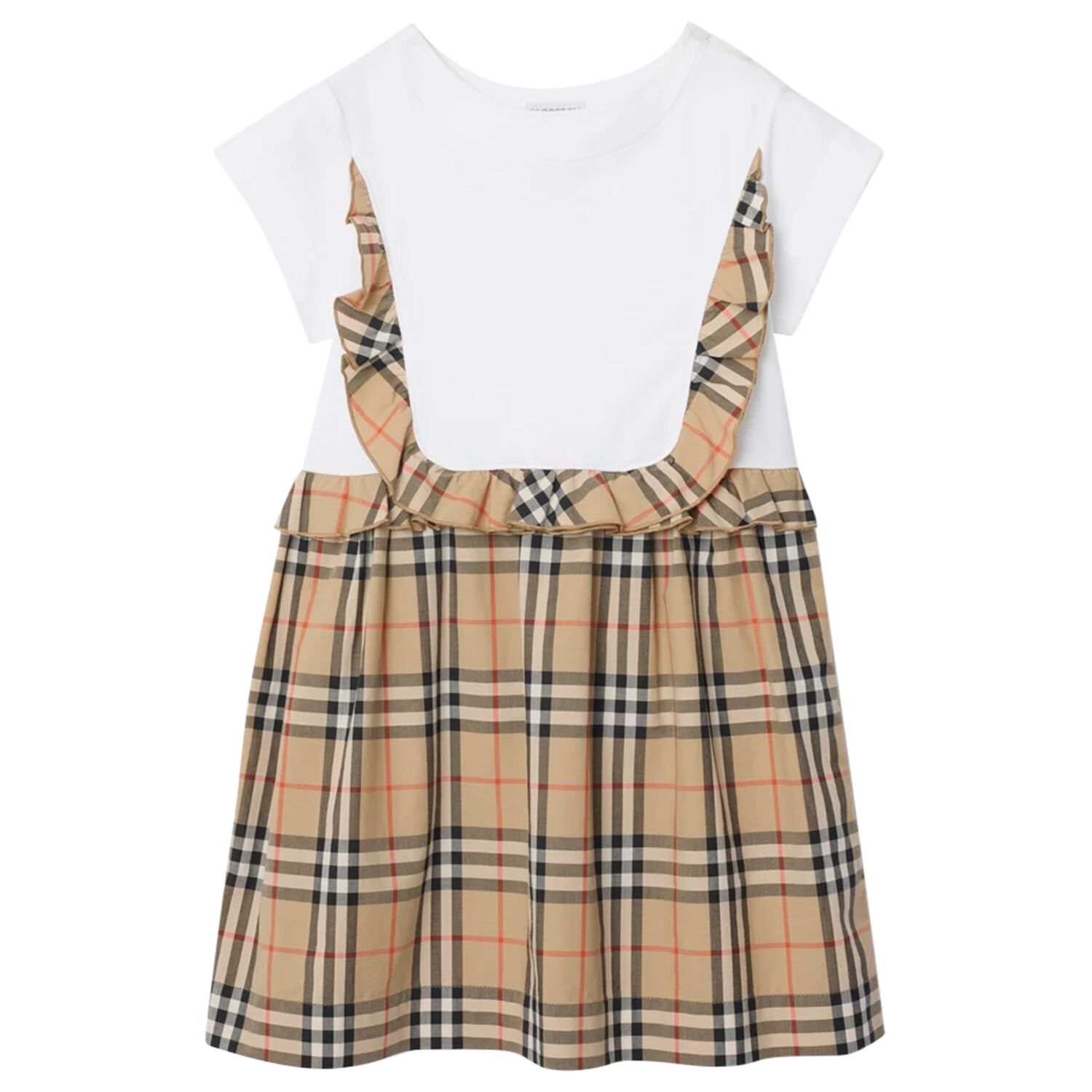 Girls White & Beige Check Ruffled Dress, 1, hi-res