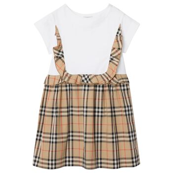 Girls White & Beige Check Ruffled Dress