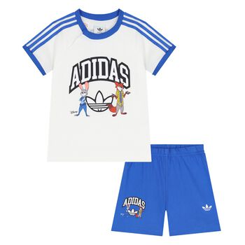 Younger White & Blue Disney Logo Shorts Set