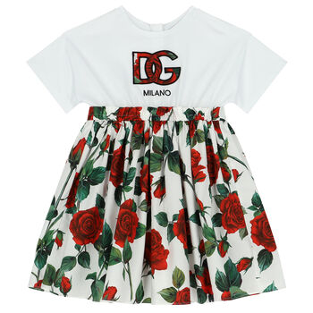 Girls White & Red Rose Dress