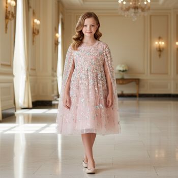 Girls Pink Floral & Tulle Cape Dress