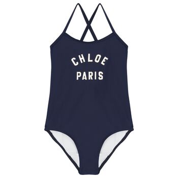 Girls Navy Blue Logo Swimsuit
